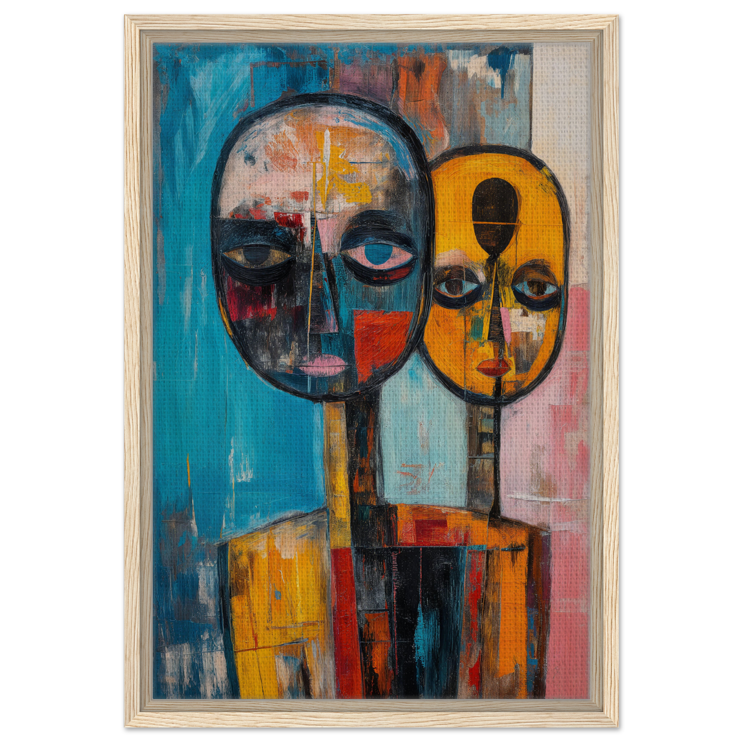 Vibrant abstract painting of two faces symbolizing Spectral Soul Convergence in a framed poster