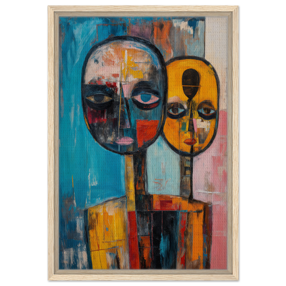 Vibrant abstract painting of two faces symbolizing Spectral Soul Convergence in a framed poster