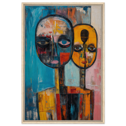 Abstract painting of two stylized faces in vibrant colors for Spectral Soul Convergence