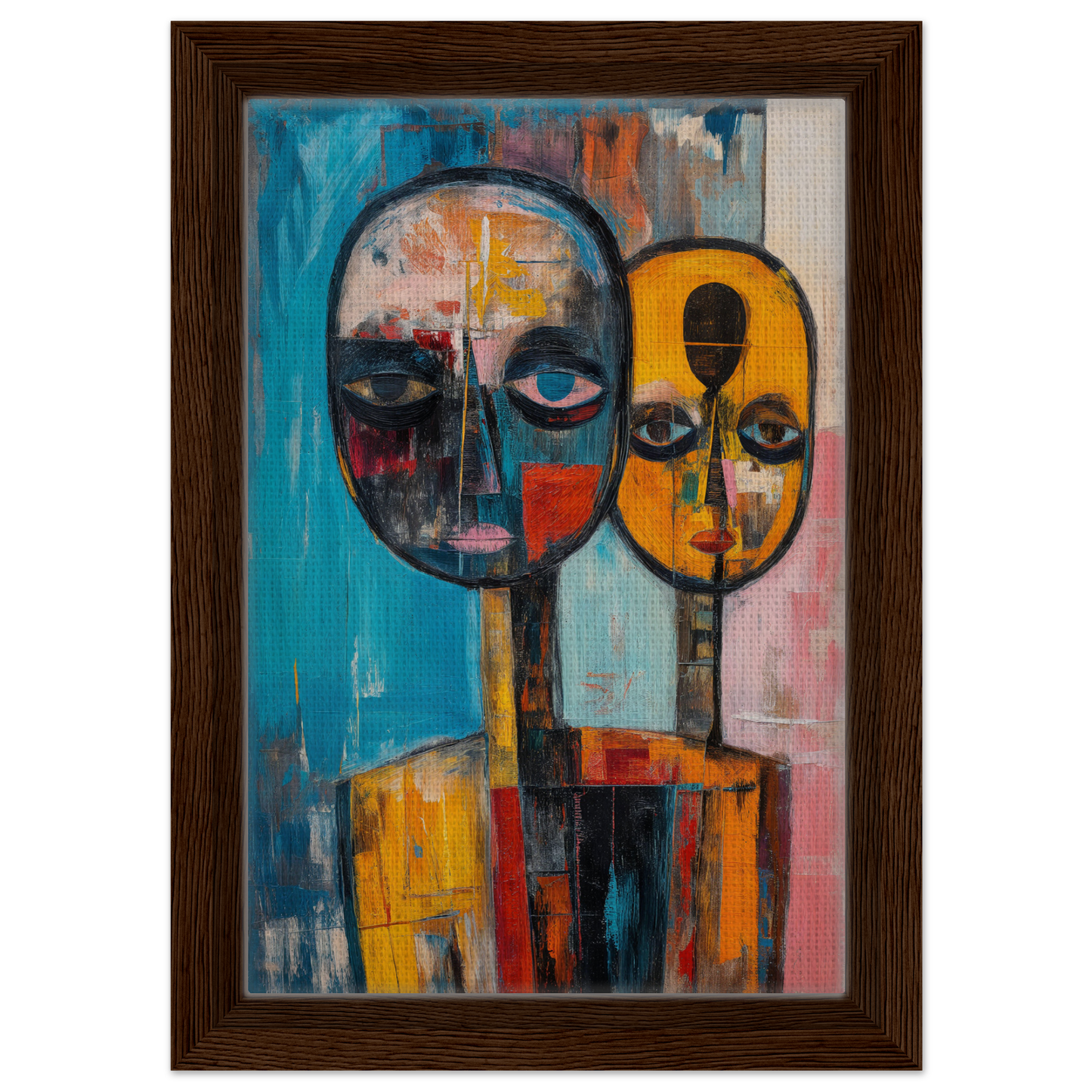 Abstract painting of two faces with vibrant colors in Spectral Soul Convergence framed poster