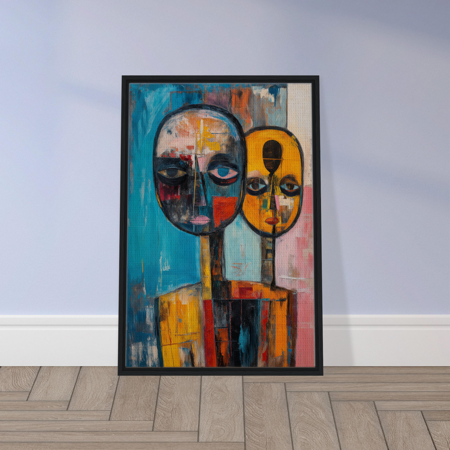 Abstract painting of two stylized faces in vibrant colors for Soul Convergence framed decor