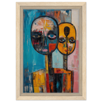 Abstract painting of two stylized faces in vibrant colors for Spectral Soul Convergence