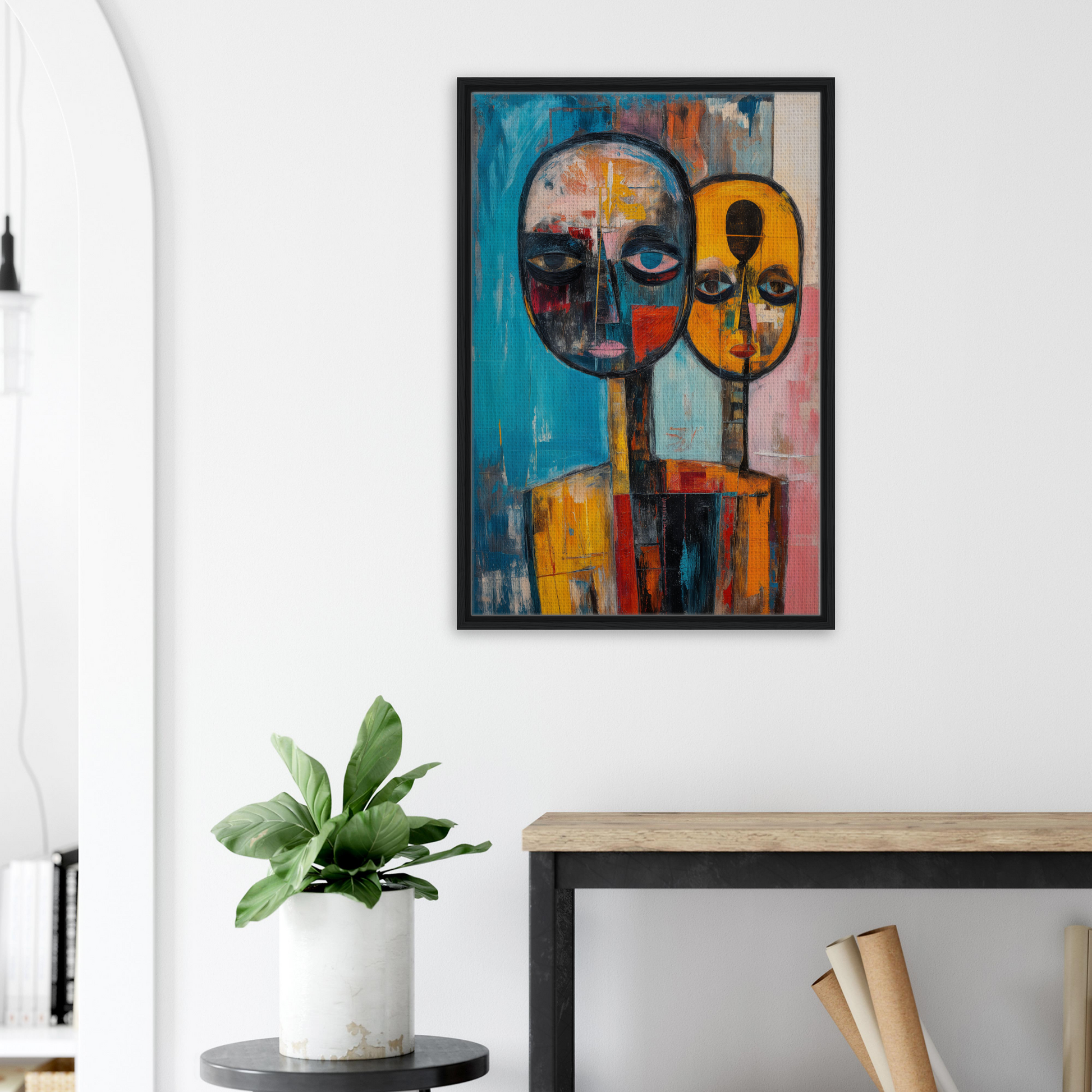 Abstract painting of stylized faces in vibrant colors for Soul Convergence framed decor