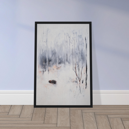 Framed abstract painting of a misty winter forest for Spiritual Snow Waltz room decor