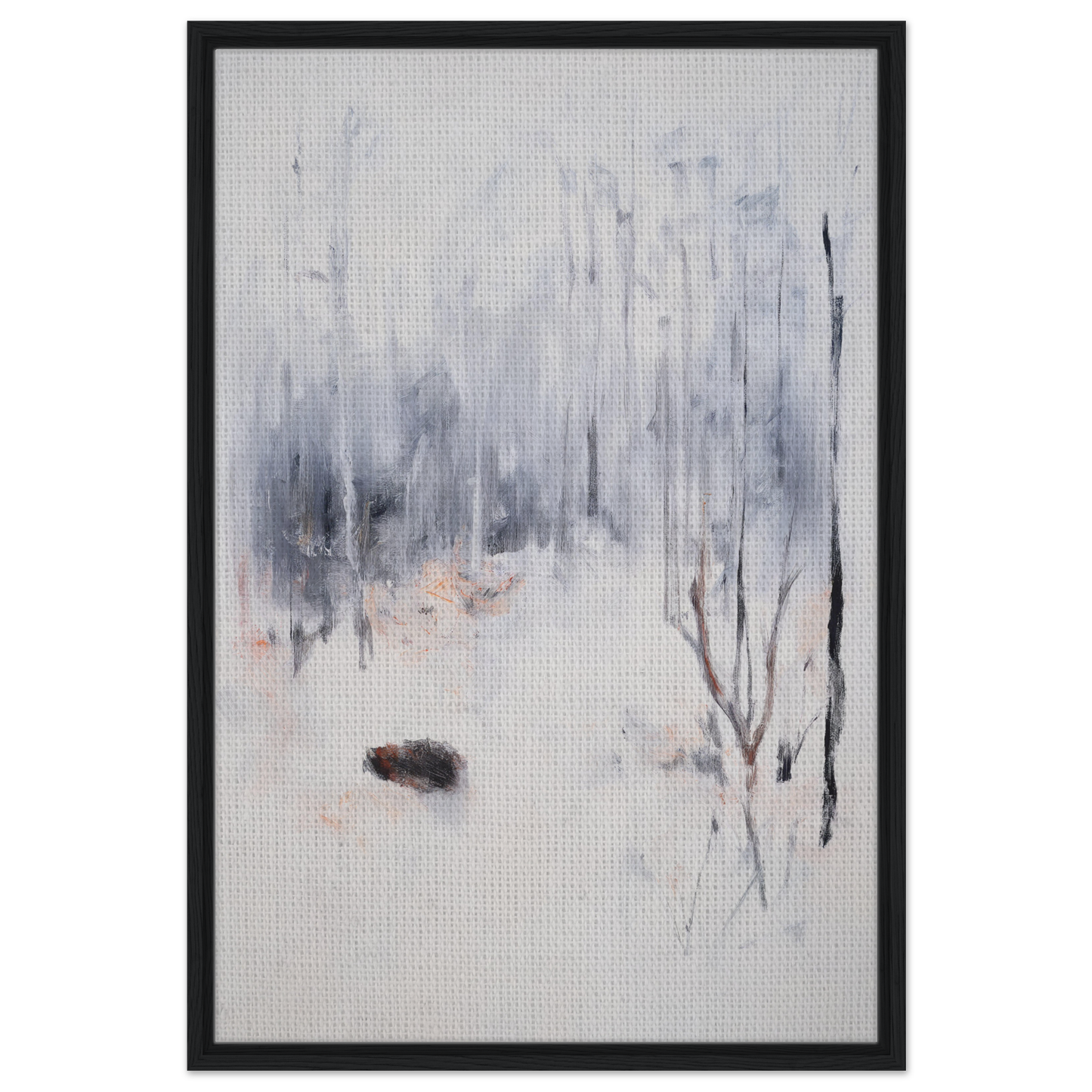 Abstract painting in gray and white tones titled Spiritual Snow Waltz, framed canvas print