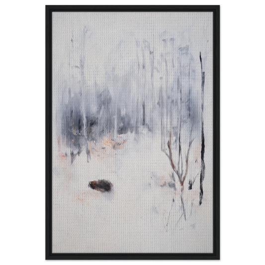 Abstract painting in gray and white tones titled Spiritual Snow Waltz, framed canvas print