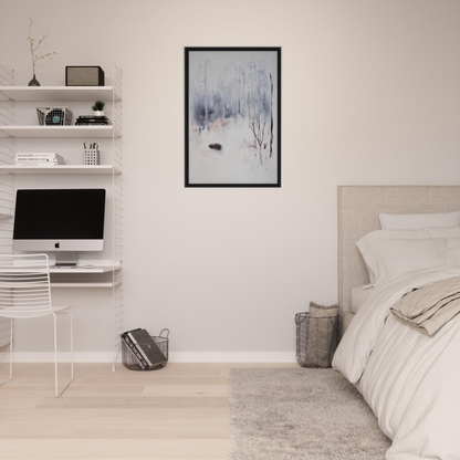 Minimalist bedroom with white walls and Spiritual Snow Waltz framed artwork as room decor