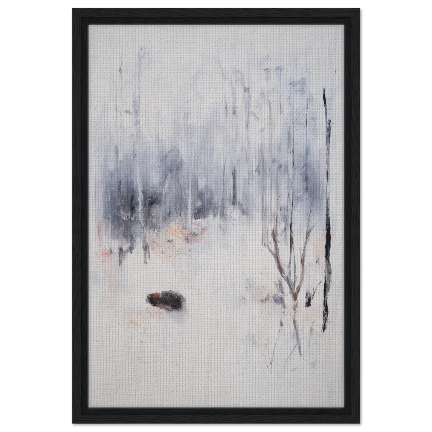 Framed abstract watercolor painting in gray and blue tones titled Spiritual Snow Waltz