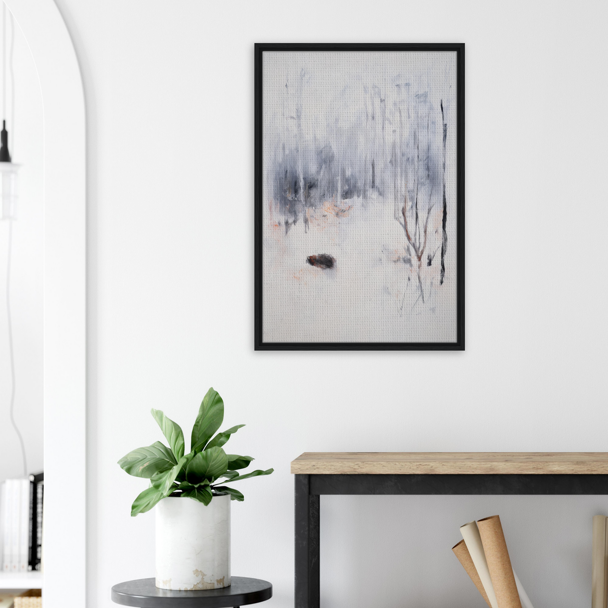 Framed abstract painting of a misty winter landscape for Spiritual Snow Waltz room decor