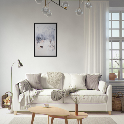 White sofa adorned with throw pillows and blankets, ideal for Spiritual Snow Waltz room decor