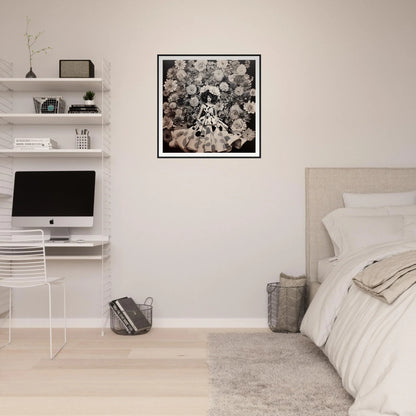 Minimalist bedroom with iMac, floating shelves, and Sprung Graced Reverie floral art print