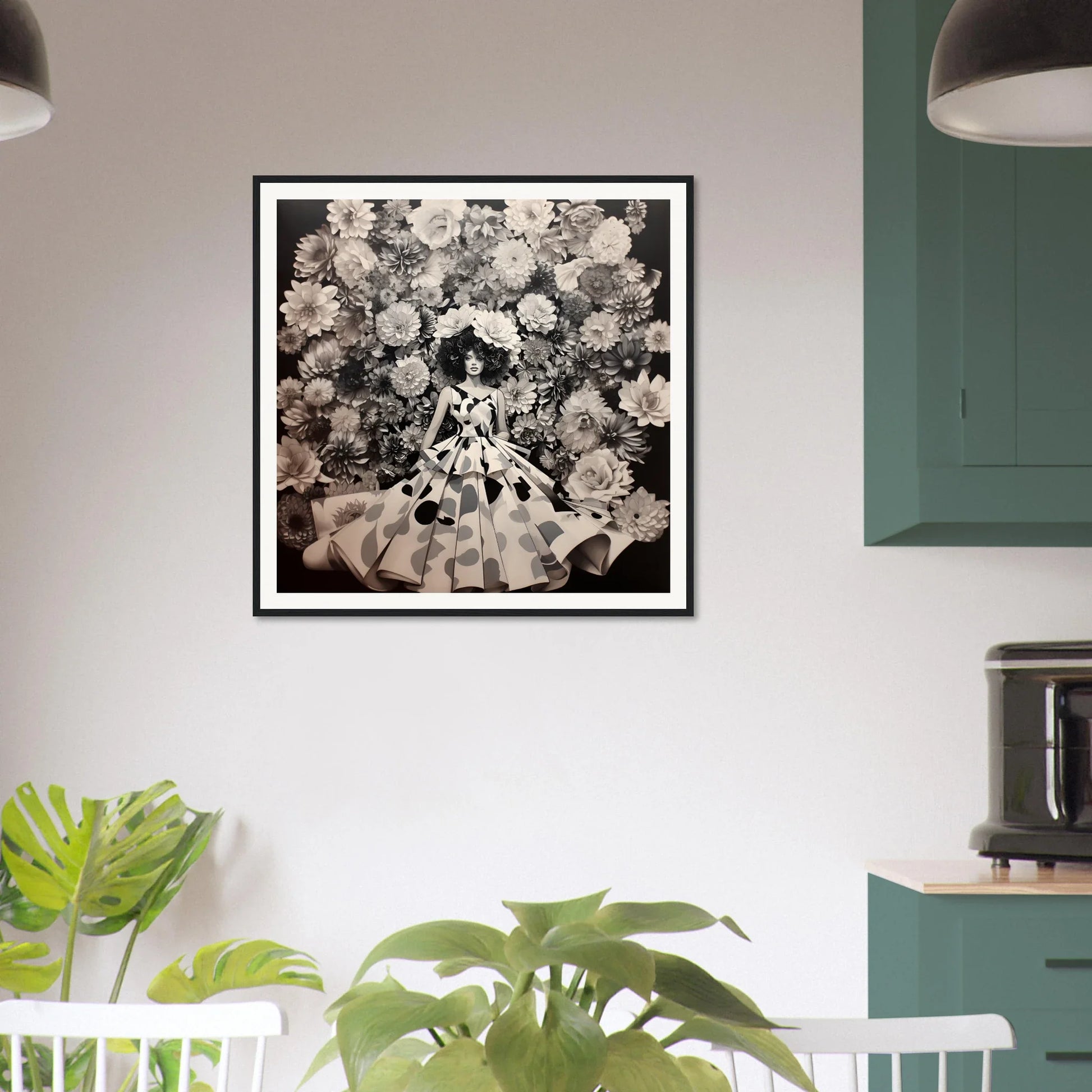 Framed black and white floral art print in Sprung Graced Reverie display on wall