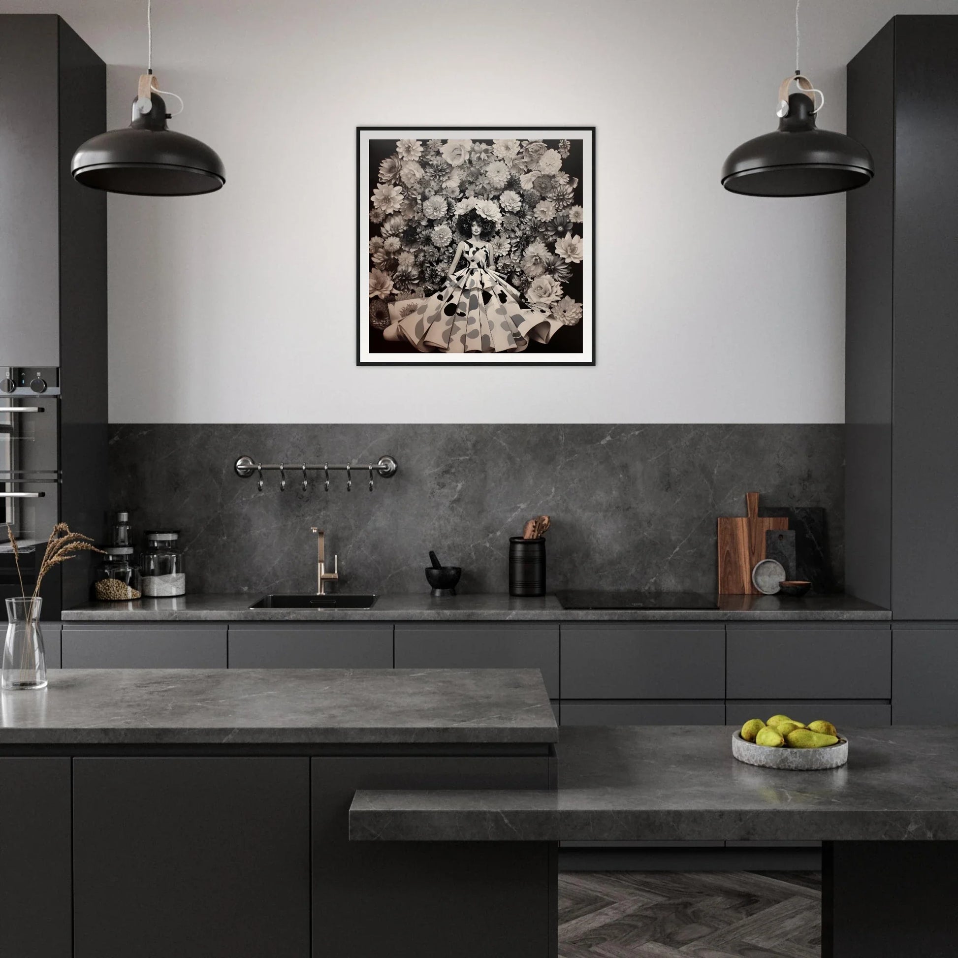 Modern dark gray kitchen featuring Sprung Graced Reverie and a museum-quality framed floral art print