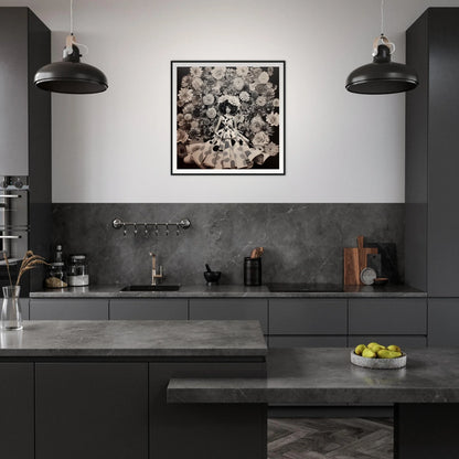 Modern dark gray kitchen featuring Sprung Graced Reverie and a museum-quality framed floral art print