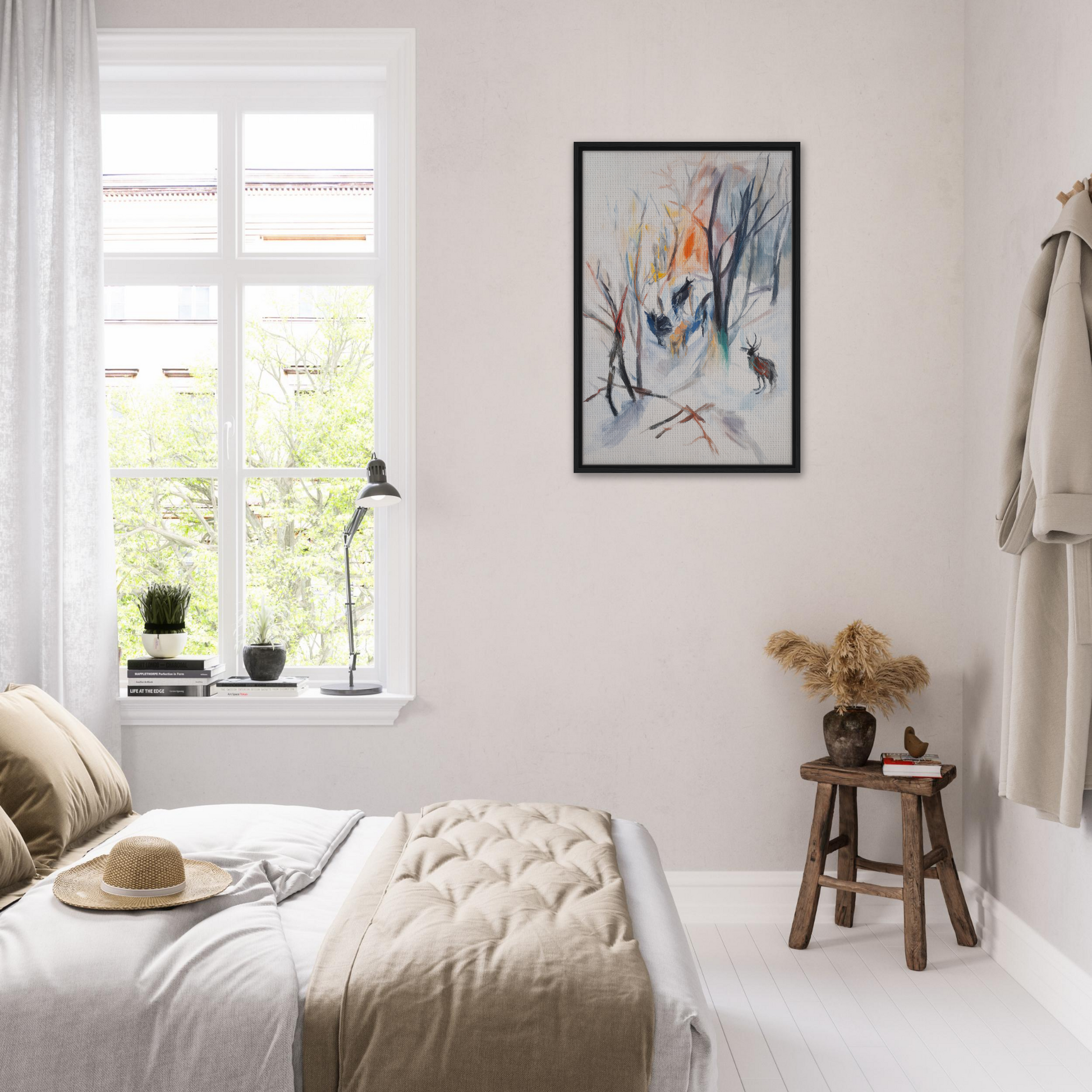 Bright airy bedroom with minimalist decor featuring Stag Spiritual Whirl framed canvas art