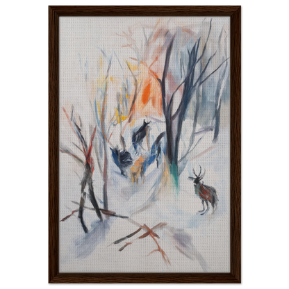 Abstract watercolor of a winter forest with a deer for Stag Spiritual Whirl framed canvas art