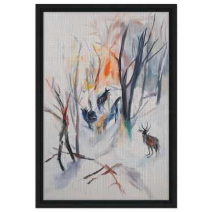 Abstract painting of a stag in a winter forest, featured in Stag Spiritual Whirl framed canvas art