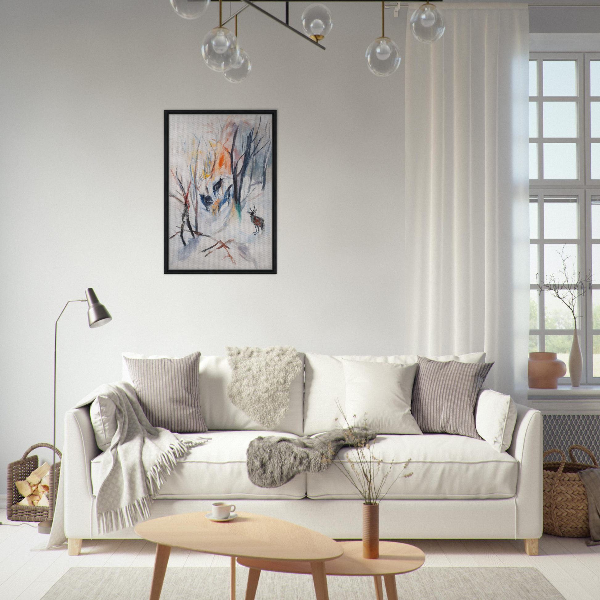 White sofa adorned with throw pillows and blankets near Stag Spiritual Whirl canvas art