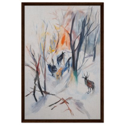 Abstract painting of a winter forest with a deer in Stag Spiritual Whirl framed canvas art