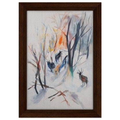 Framed canvas art of a winter forest with a deer in the Stag Spiritual Whirl design