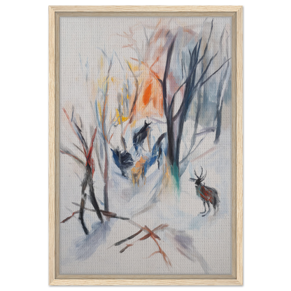 Abstract painting of a winter forest scene featuring a deer, part of Stag Spiritual Whirl