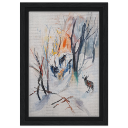 Framed canvas art of a winter forest scene featuring a deer for Stag Spiritual Whirl