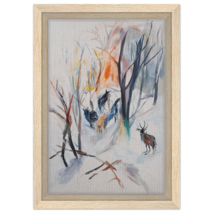 Framed canvas art of a winter forest with a deer, Stag Spiritual Whirl room decor