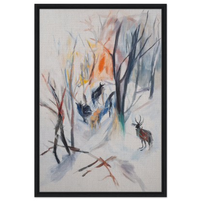 Abstract painting of a winter forest with a lone deer for Stag Spiritual Whirl room decor