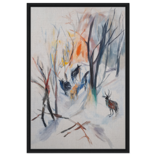 Abstract painting of a winter forest with a lone deer for Stag Spiritual Whirl room decor