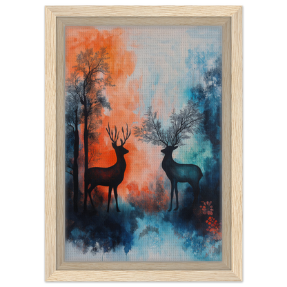 Framed canvas print of Stag Symphony featuring deer silhouettes in colorful forest