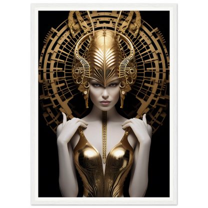 Ornately adorned figure in gold and white with an elaborate headdress and metallic bodice.