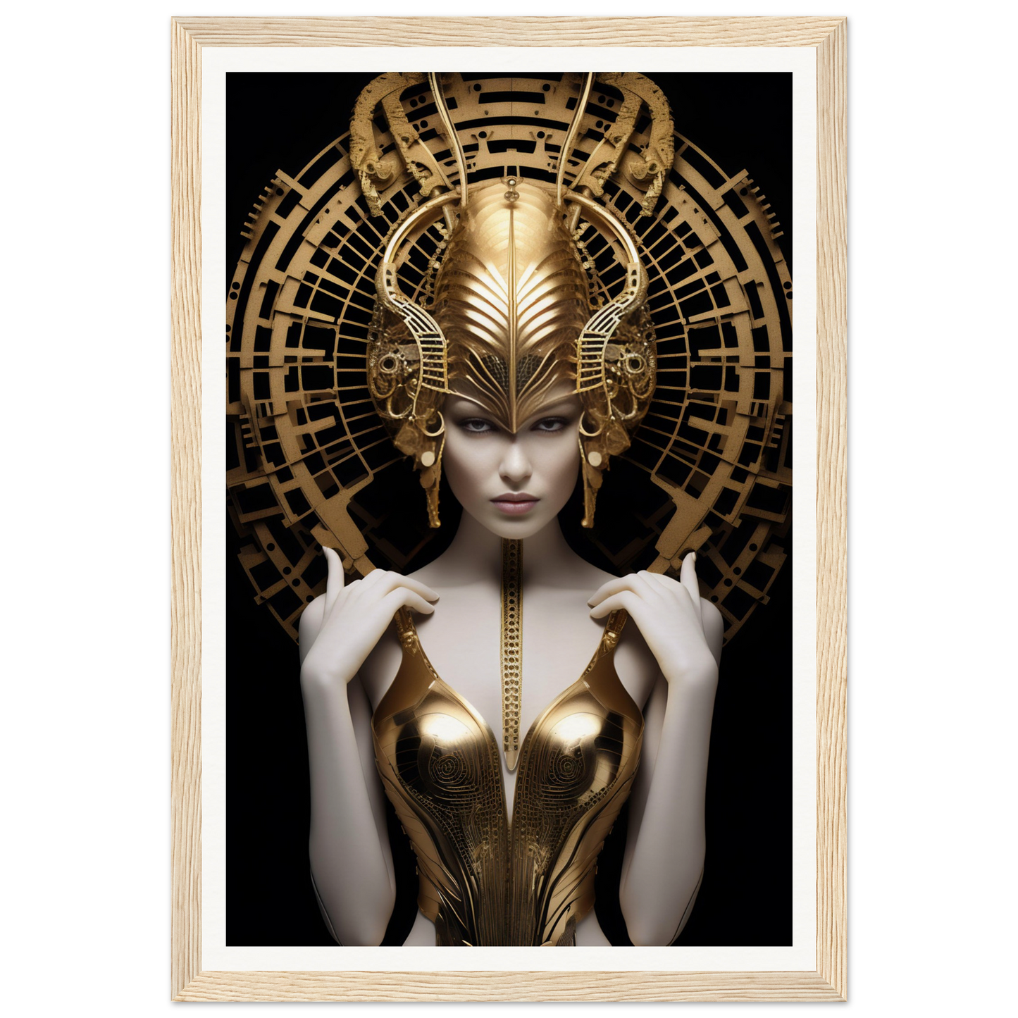 Futuristic female figure wearing an elaborate golden headdress and metallic bodice.