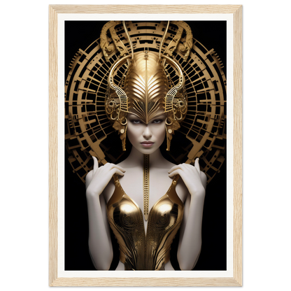 Futuristic female figure wearing an elaborate golden headdress and metallic bodice.