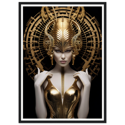 Ornately adorned figure with an elaborate golden headdress and metallic bodice.