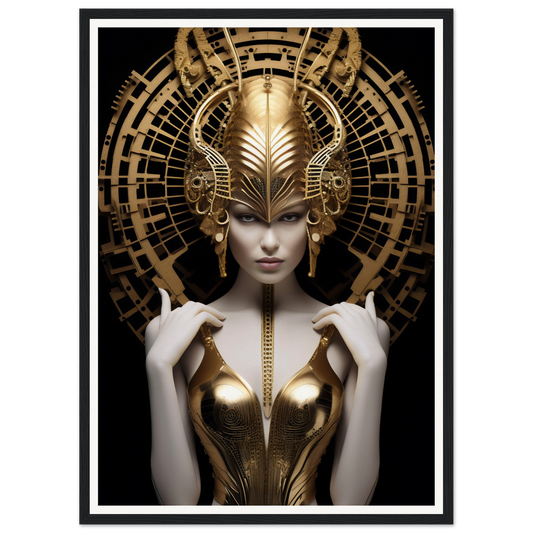 Ornately adorned figure with an elaborate golden headdress and metallic bodice.