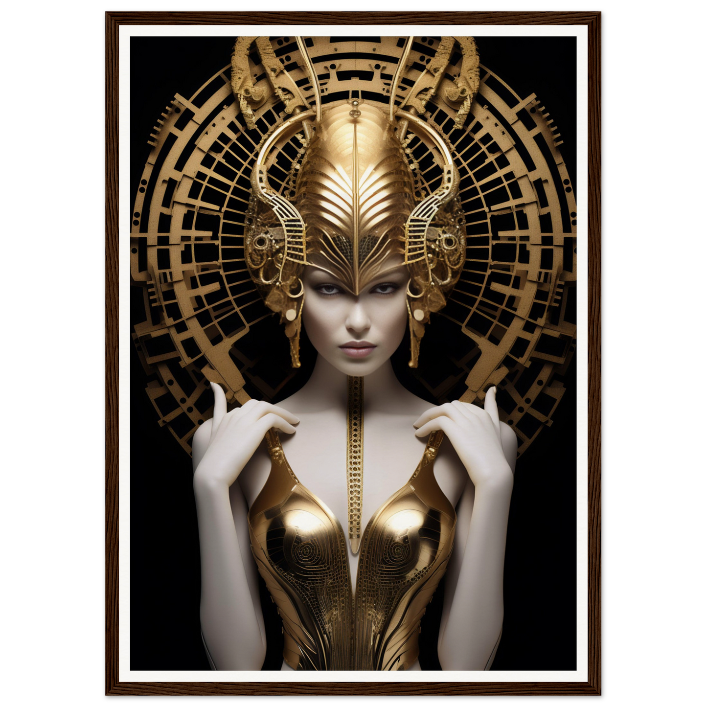 Ornate golden headdress and metallic bodice adorning a pale figure with an enigmatic expression.