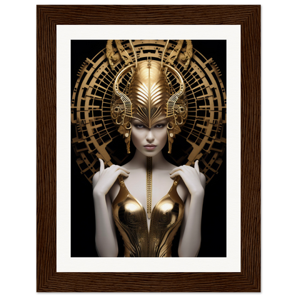 Ornate golden headdress and armor adorning a pale figure with an enigmatic expression.