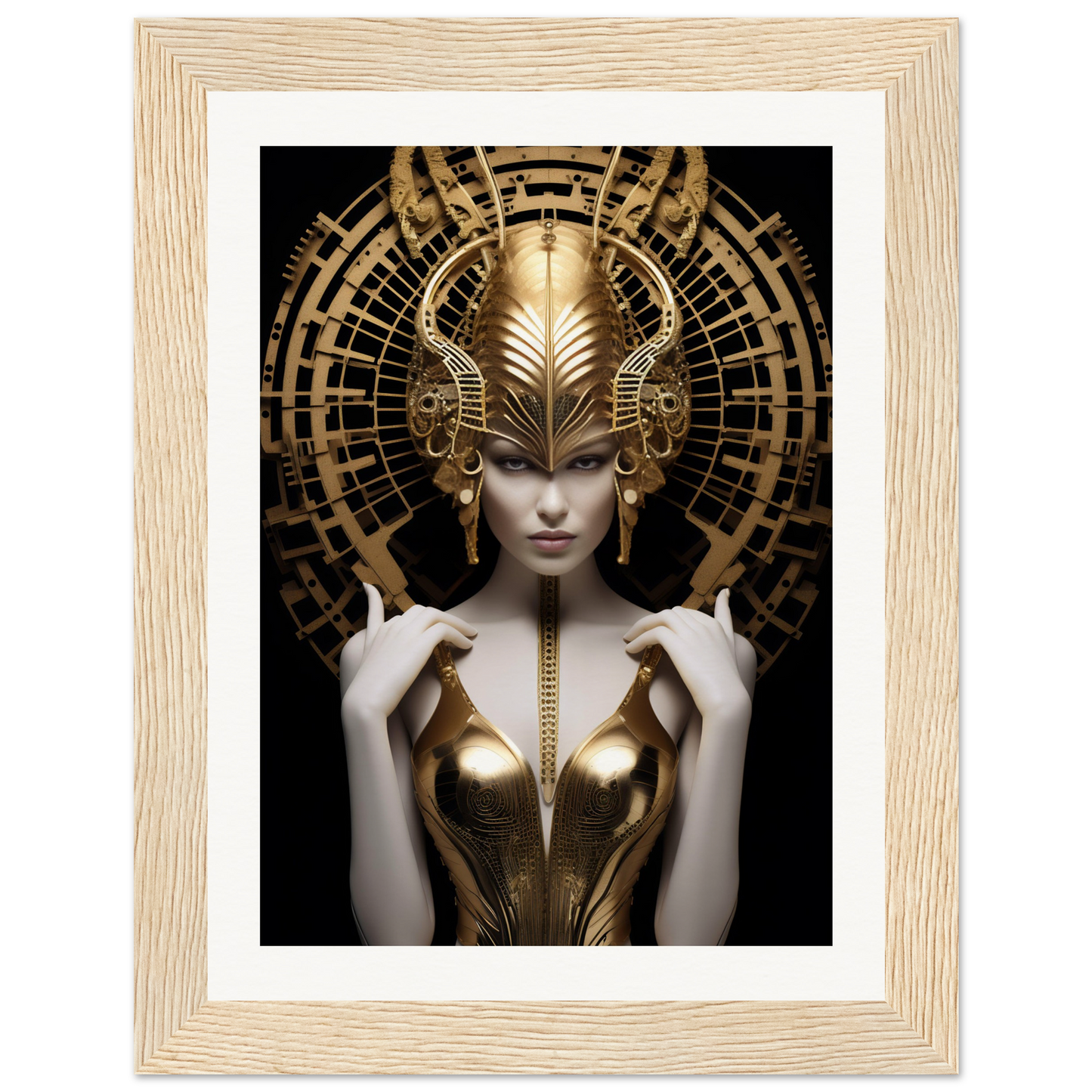 Ornate golden headdress and armor adorning a pale figure with an enigmatic expression.