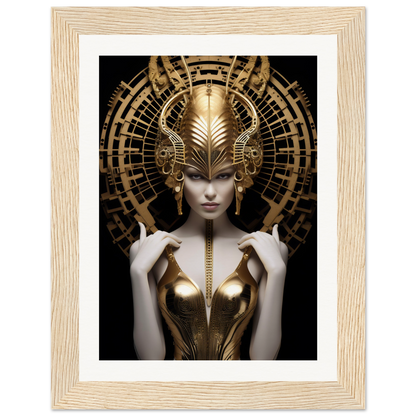 Ornate golden headdress and armor adorning a pale figure with an enigmatic expression.