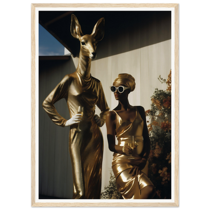 Two surreal golden statues, one with a deer head and the other wearing goggles, posed in elegant attire.