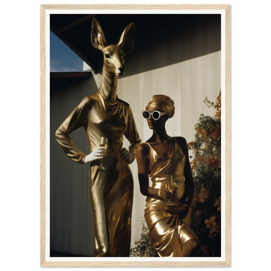 Two surreal golden statues, one with a deer head and the other wearing goggles, posed in elegant attire.