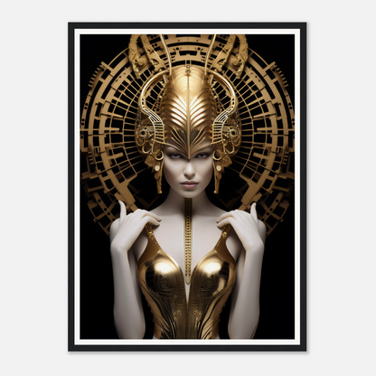 Futuristic golden-adorned figure with an elaborate headdress and metallic bodice.