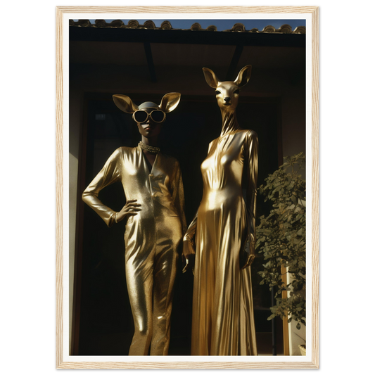 Two figures wearing golden dresses and animal masks resembling deer or rabbits.