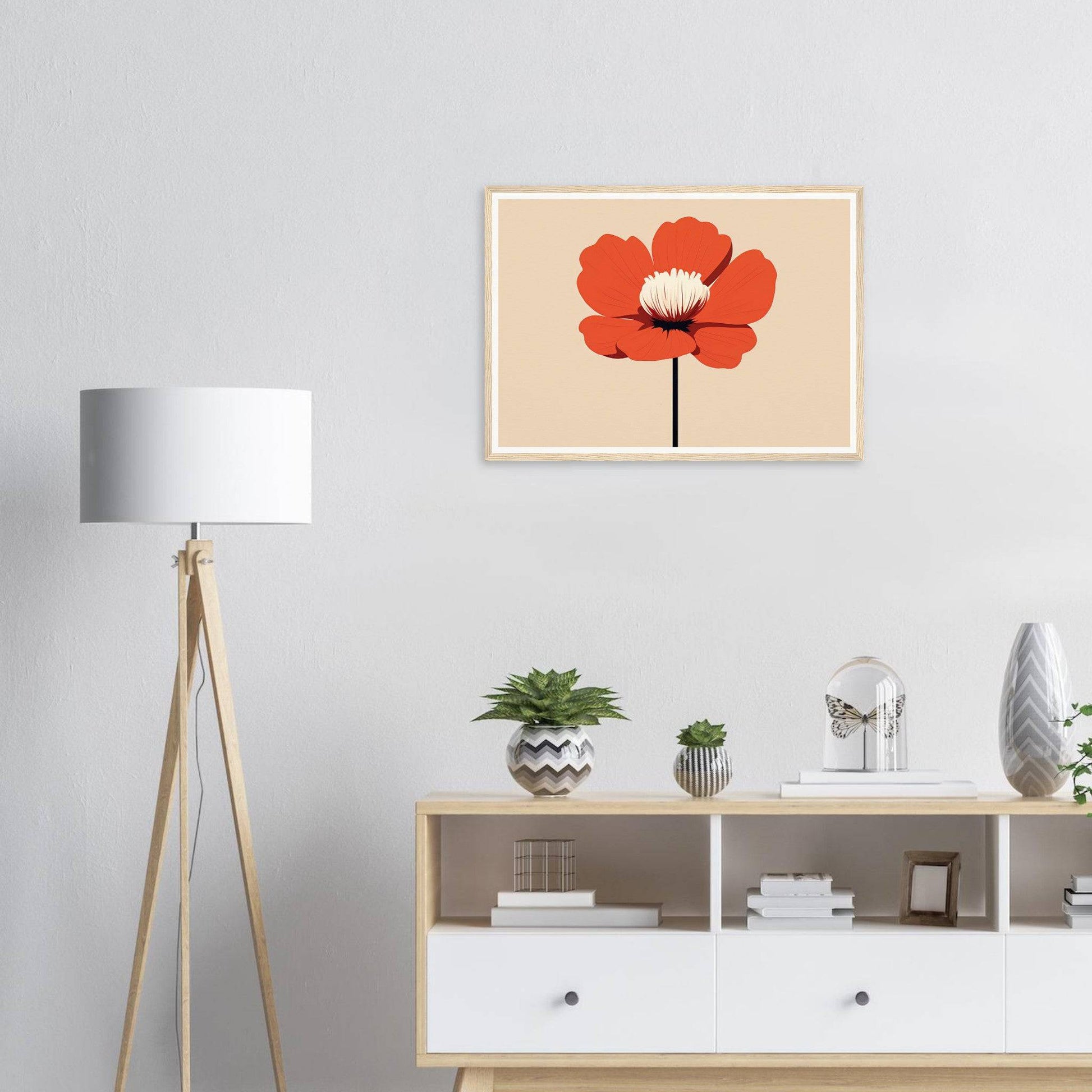 Framed artwork of a single red poppy flower against a beige background.