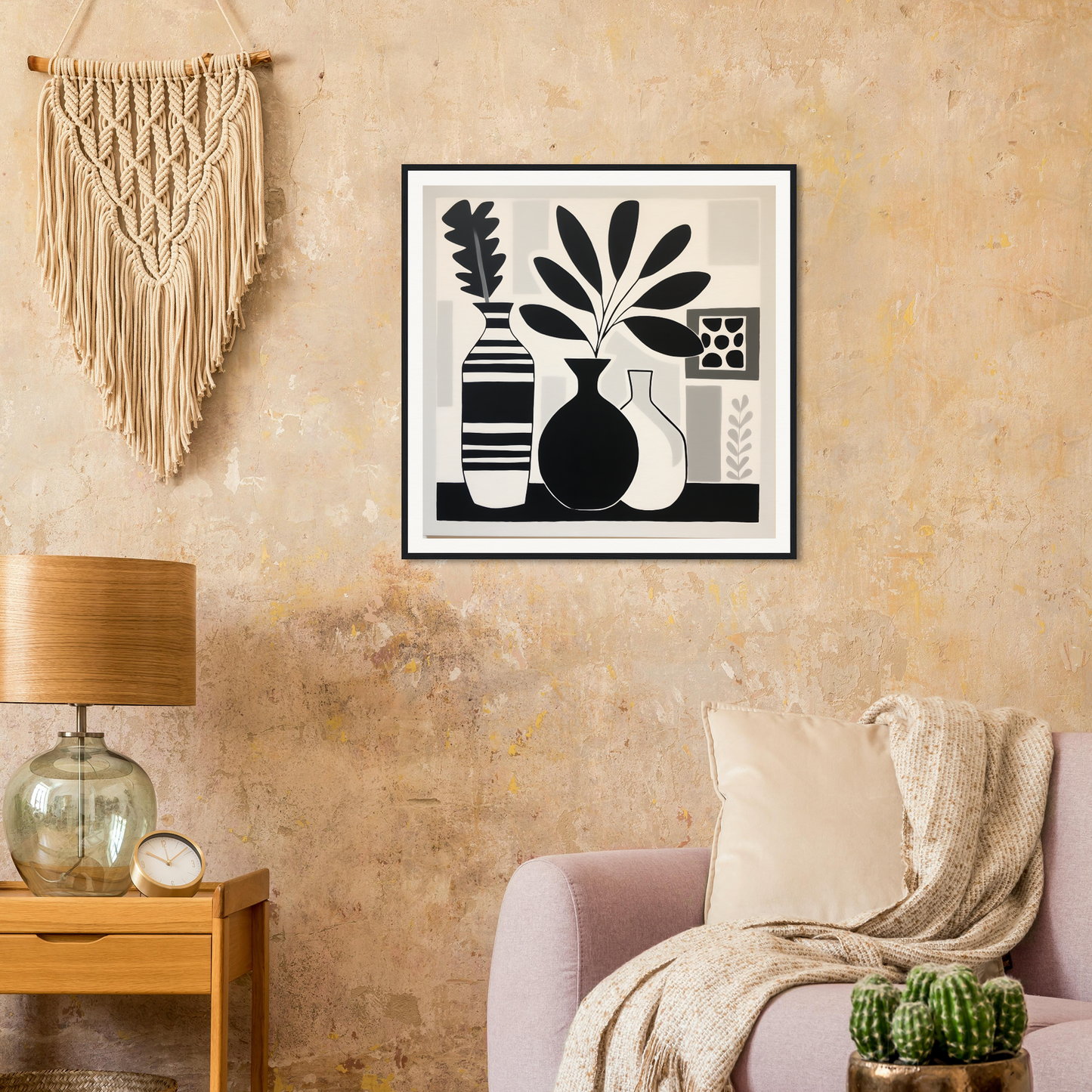 Black and white minimalist vases with plants from Stillness Serenade Meditations art print