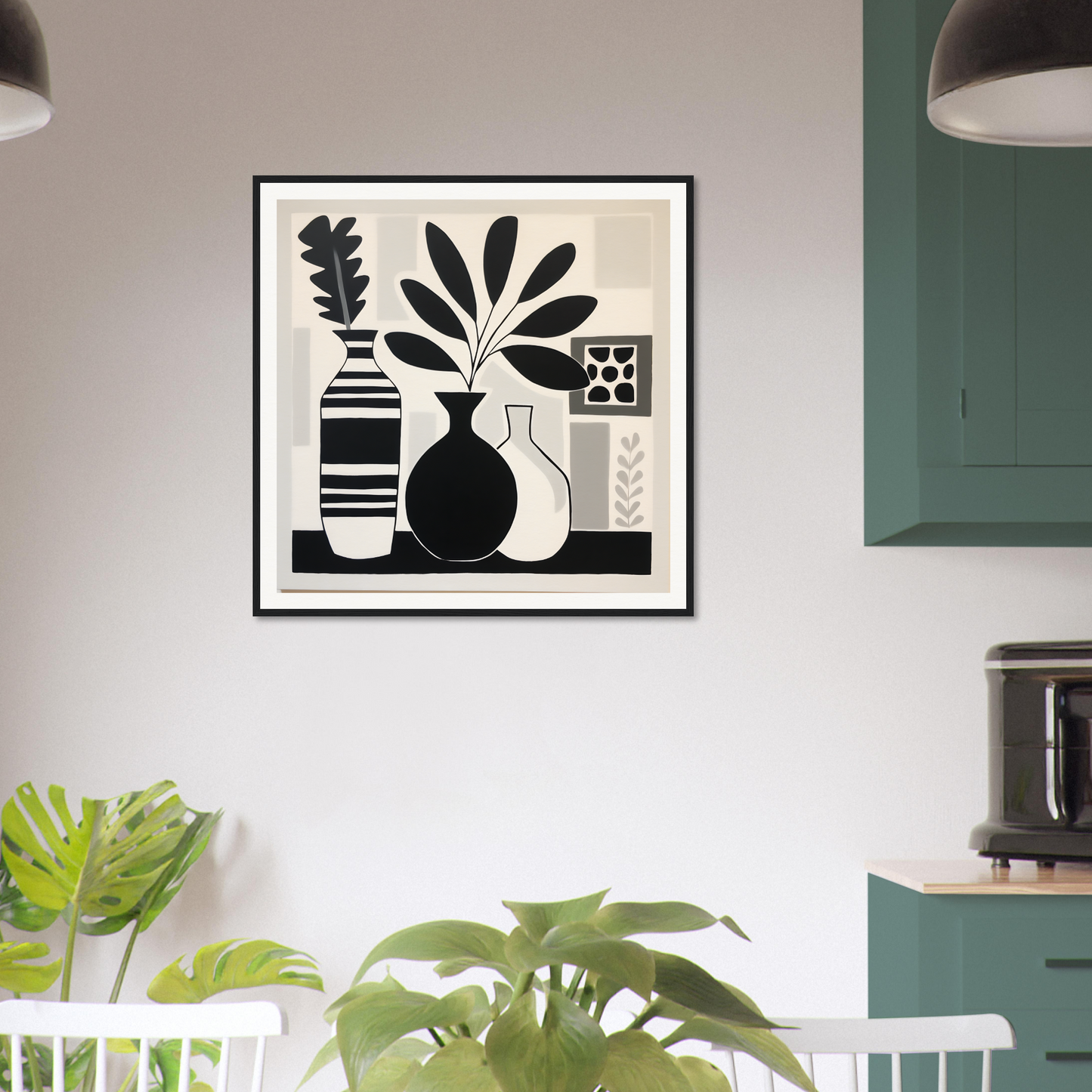Black and white abstract art print with vases, part of Stillness Serenade Meditations