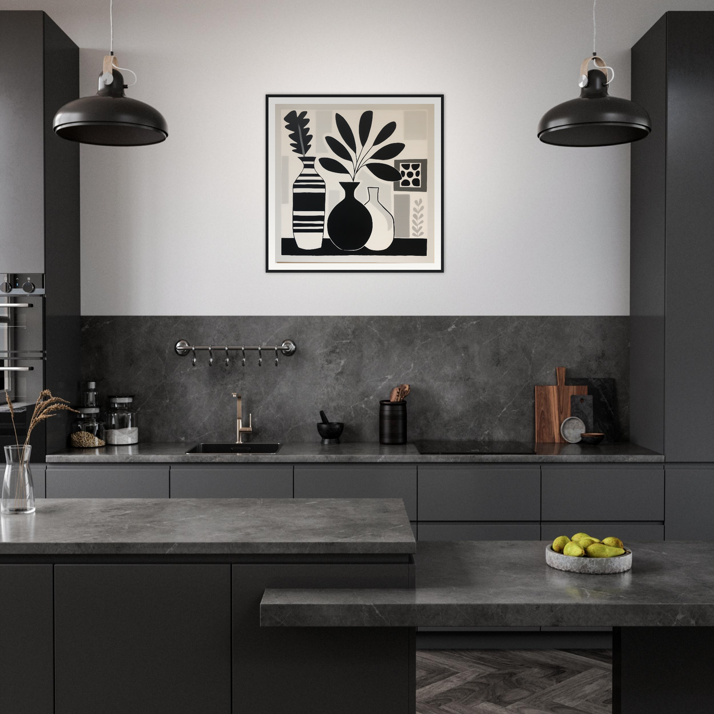 Modern dark grey kitchen with black lights and Stillness Serenade Meditations art