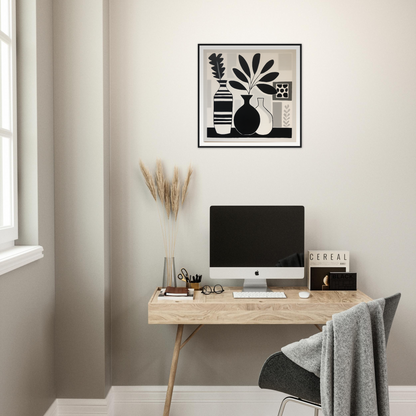 Minimalist black and white wall art of vases and plants for Stillness Serenade Meditations