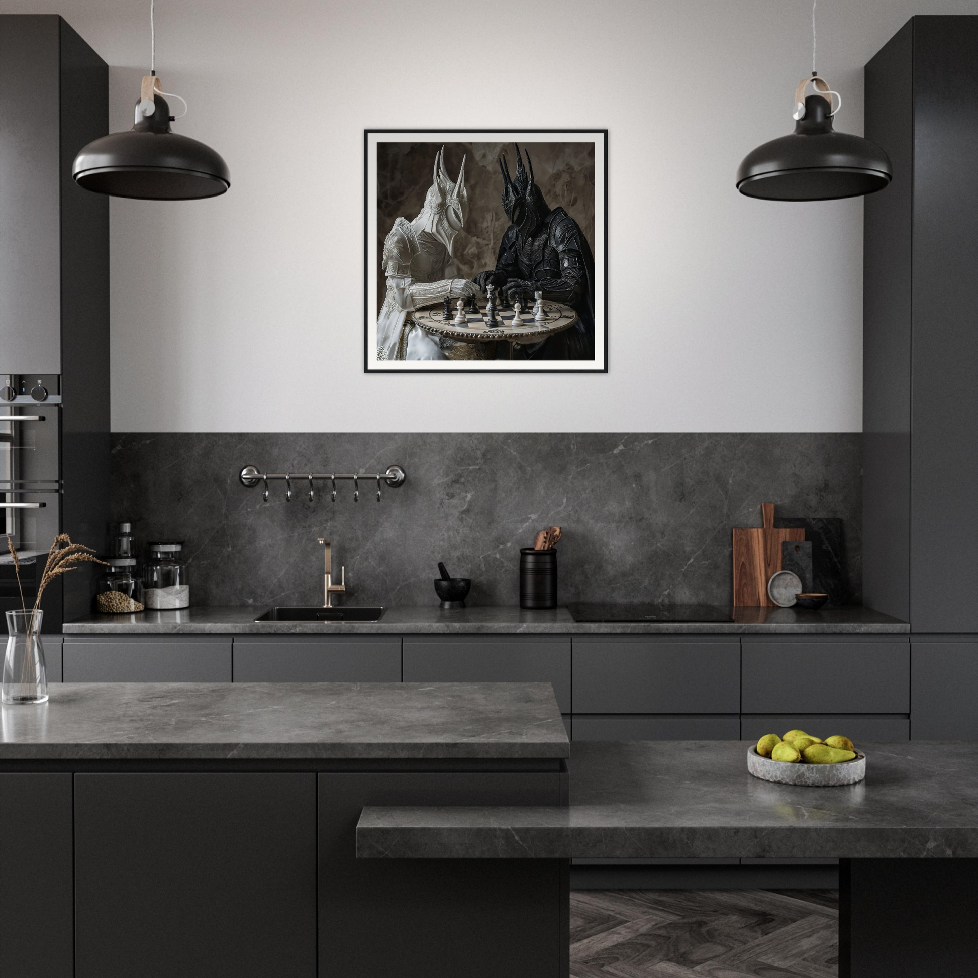 Modern dark gray kitchen featuring Strategic Armor Delusion with industrial lights and art