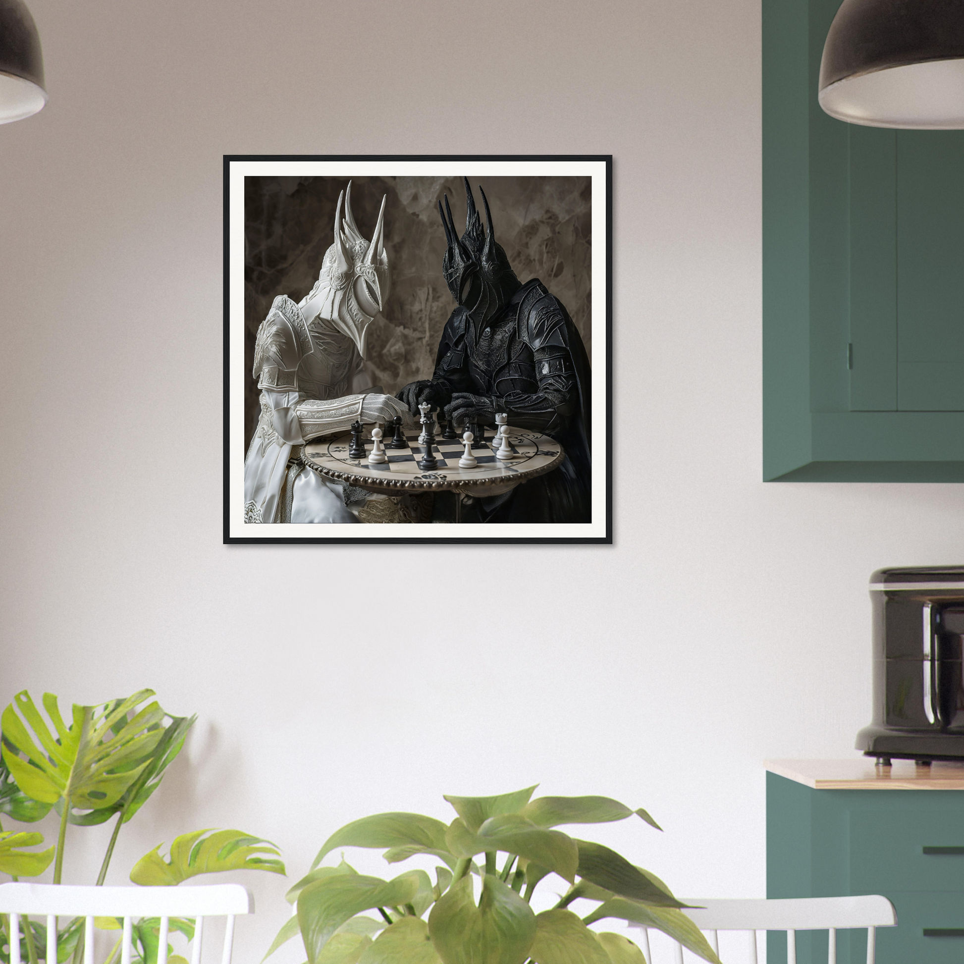 Framed black and white rabbits playing chess in Strategic Armor Delusion art piece